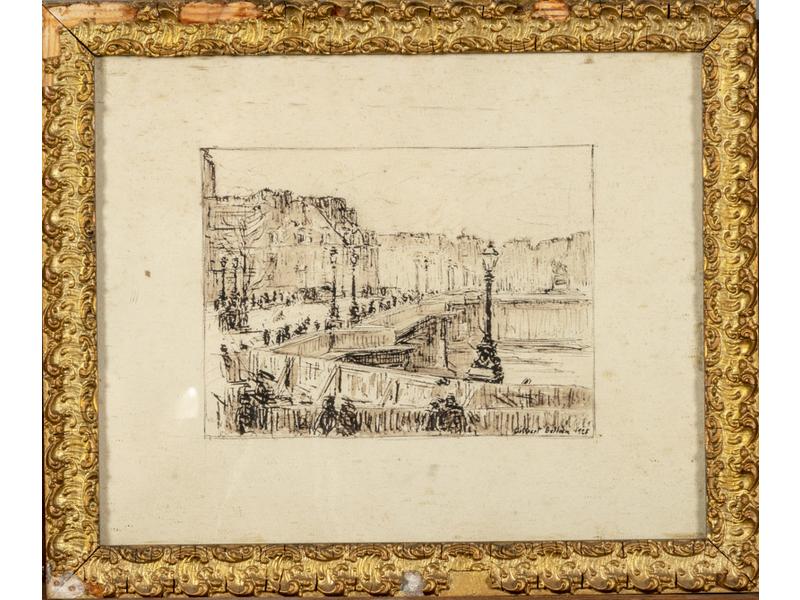 Gilbert Louis BELLAN (1868-1935) : Le Pont Neuf.  Dessin à l'encre de Chine et lavis, signé en bas à droite et daté 1925.  Dim.: 25x31 cm.