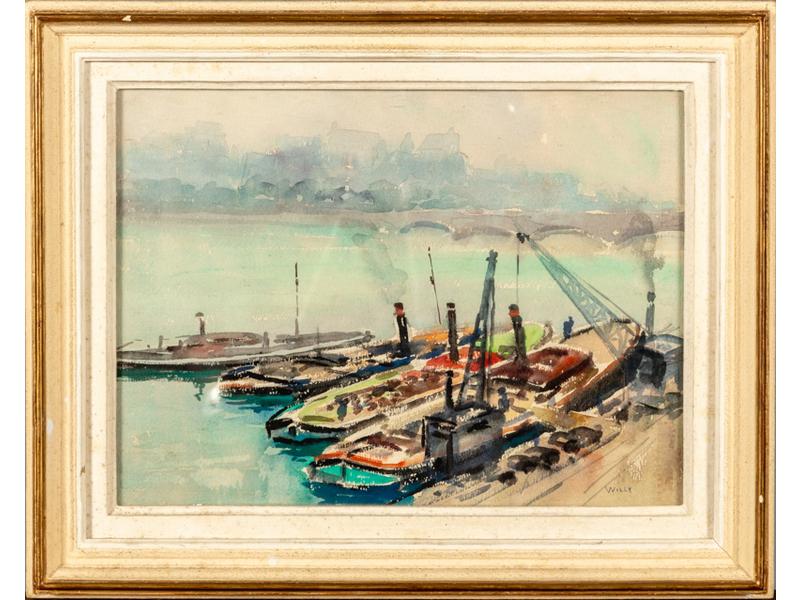 WILLY : Les péniches à quai.  Aquarelle signée en bas à droite.  Dim.: 24x32 cm.