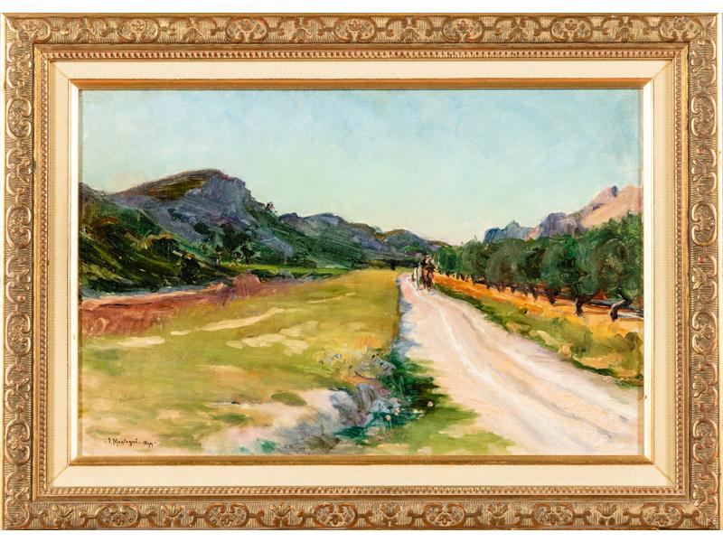 Louis Agricol MONTAGNE (1879-1960) : Sur la route du monastère des Prémontrés à Frigolet.  Huile sur toile signée en bas à gauche et datée 1899.  Dim.: 27x40 cm. (restaurée)