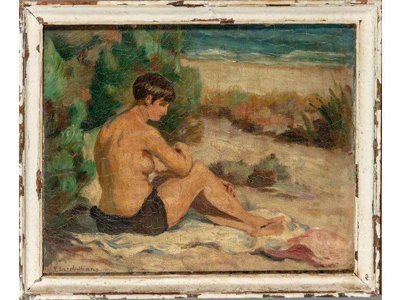 Paul Jacob HIANS (1884-1967) : Femmes sur la plage.  Deux tableaux en pendant.  Huiles sur panneaux, signées en bas à gauche.  Dim.: 33x41 cm.