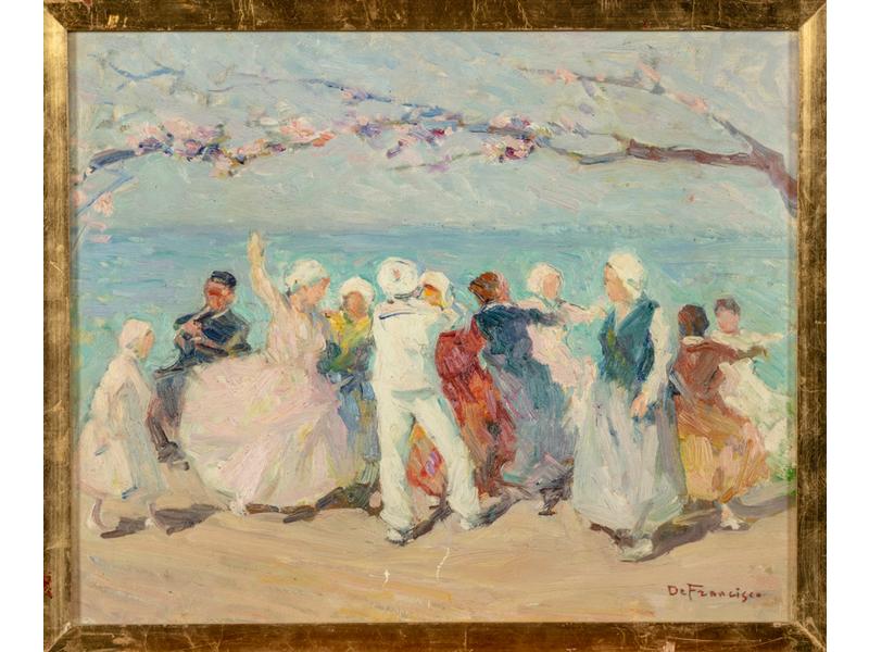 Pietro de FRANCISCO (1873-1969) : La danse en bord de mer.  Huile sur toile signée en bas à droite.  Dim. : 38x46 cm. (deux éraflures)