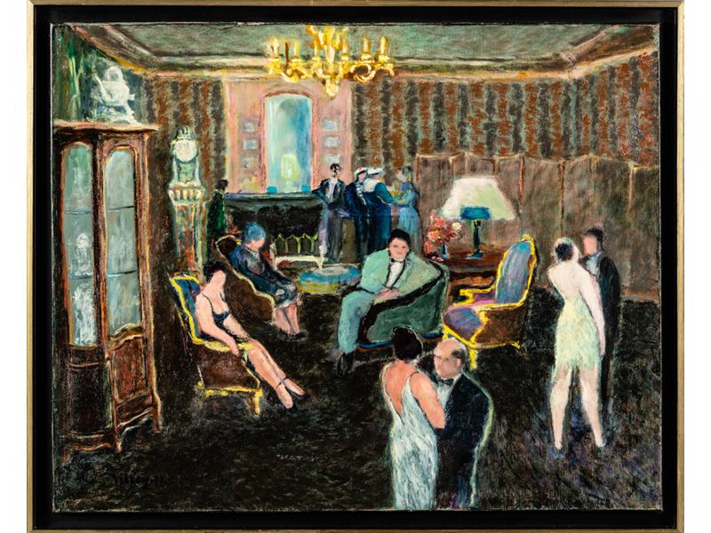Ramon DILLEY (1932) : L'artiste au bouquet.  Huile sur toile signée en bas à gauche, datée 71, contresignée et titrée au dos.  Dim. : 65x81 cm.