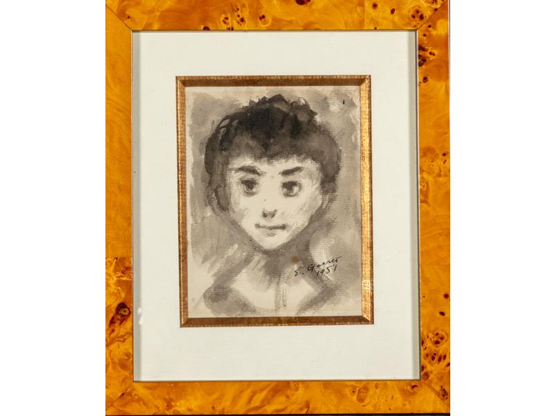 Edouard GOERG (1893-1969) :  Portrait de jeune fille.  Dessin au lavis, signé en bas à droite et daté 1951.  Dim.: 13.5x10.5 cm.