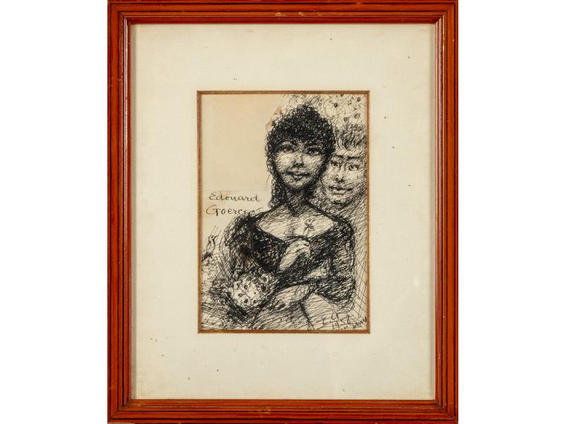 Edouard GOERG (1893-1969) : Portrait de femme et d'homme.  Dessin à l'encre de Chine sur papier (découpé), signé en haut à gauche et daté 1958.  Dim.: 15x11 cm.