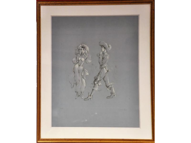 Leonor FINI : Deux personnages.  Lithographie sur papier bleu, signée en bas à droite et numérotée 241/250.  Dim.: feuille : 60x46 cm.