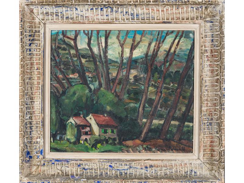 André Thomas ROUAULT (1899-1949) : La maison dans les grands arbres.  Huile sur contreplaqué signée en bas à droite.  Dim.: 42x49 cm.