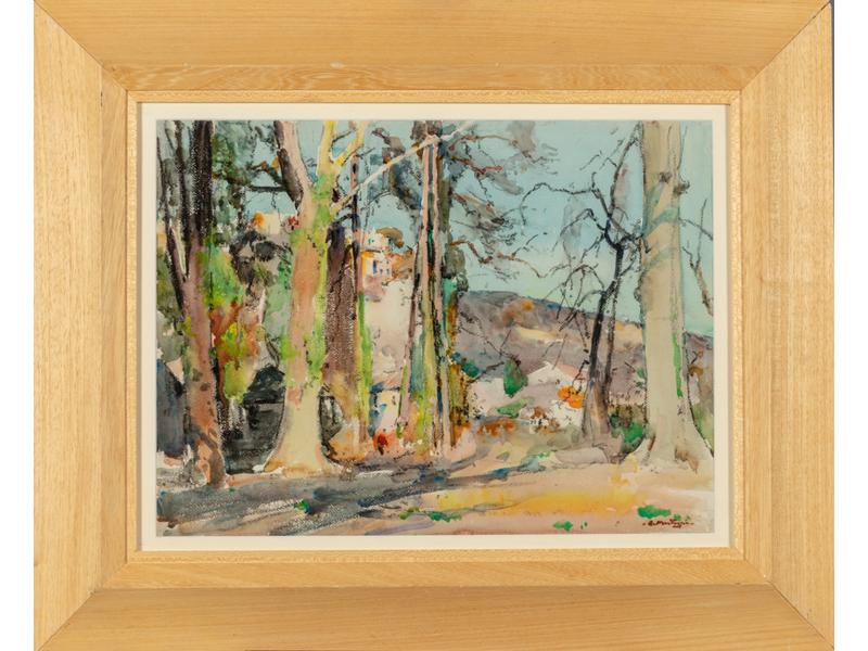 Louis MONTAGNE (1879-1960) : Les grands arbres à Pontmartin.  Aquarelle signée en bas à droite.  Dim. : 53x69 cm.