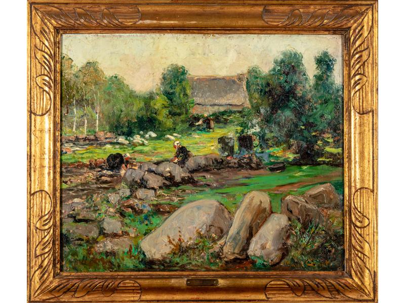 Marcel CANET (1875-1959) : Les lavandières (le Faouët).  Huile sur panneau signée en bas à droite.  Dim.: 46x55 cm.