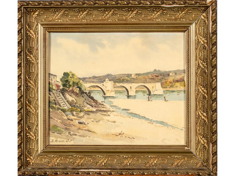 Emile HURARD : Pêcheurs à Avignon sur le Rhône. Aquarelle signée en bas à gauche. Dim: 34.5x41 cm.