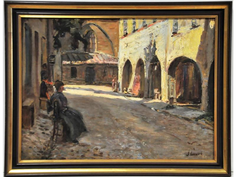 Joseph HURARD (1887-1956) : Rue de l'Hopital à Villeneuve les Avignon.  Huile sur toile signée en bas à droite.  Dim.: 38x51 cm. (restaurée, rentoilée)