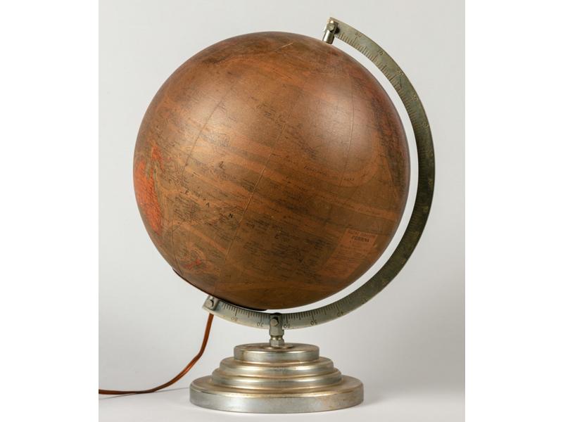 PERRINA à PARIS - Globe terrestre en verre et papier contrecollé reposant sur un socle métallique. Hauteur 37 cm. (accidents)