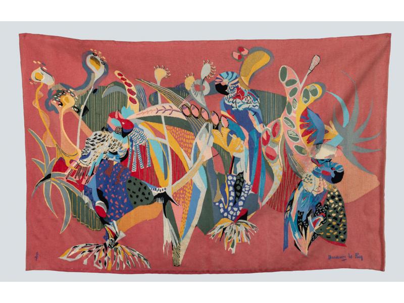 Andrée BORDEAUX LE PECQ (1911-1973) - Les perroquets - Jolie tapisserie en laine polychrome. Tissée dans les ateliers PINTON à Aubusson (Bolduc) , Signée dans la trame. Tissage n°2/6. Dim. : 146x226 cm.