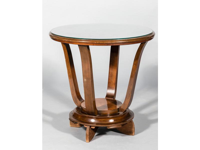Guéridon tulipe en bois de placage.  Vers 1930.  Hauteur : 70 cm.  Diamètre : 70 cm.