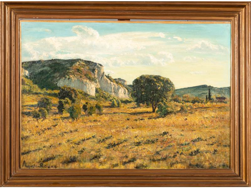 Auguste ROURE (1878-1936) : Paysage provençal.  Huile sur toile signée en bas à gauche.  Dim.: 66x92 cm. (rentoilé)