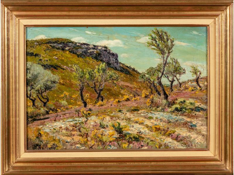 Auguste ROURE (1878-1936) : Paysage aux genêts. Huile sur toile signée en bas à droite.  Dim.: 38x55 cm. (quelques craquelures)