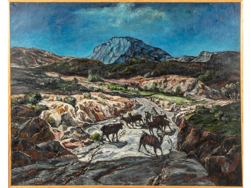 Auguste DURAND-ROSE (1887-1962) - Berger et troupeau en Provence - Grande huile sur toile signée en bas à droite (petite restauration à gauche dans le ciel). Dim. : 131x163 cm.