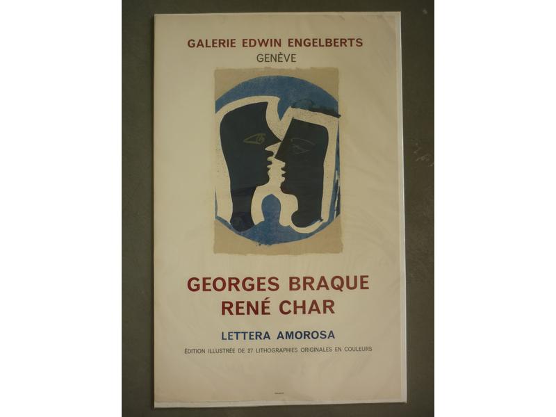 Georges BRAQUE (1882-1963) : Le couple - Galerie Edwin Engelberts Genève.  Georges Braque, René Char, Lettera Amorosa.  Belle affiche tirée sur vélin d'Arches à l'occasion de la parution de Lettera Amorosa.  Editée par Mourlot, Paris, 1963.  Dim.: 63.5x40.5 cm. (petites déchirures sans gravité dans