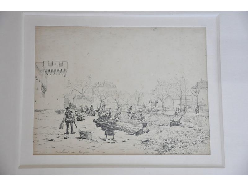 Jean-Baptiste BRUNEL (1850-1929) : Boulevard de la gare.  Dessin à l'encre.  Dim.: 21x28 cm.