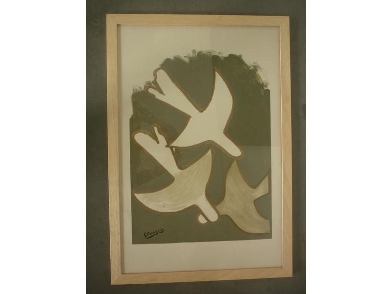 Georges BRAQUE (1882-1963) : Les oiseaux blancs.  belle affiche avant la lettre et à grandes marges, tirée sur vélin d'Arches à l'occasion de l'exposition 