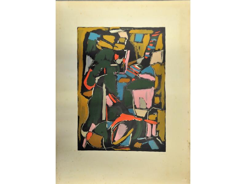 André LANSKOY (1902-1976) : Composition.  Lithographie couleur sur velin d'Arches, signée en bas à droite au crayon dans la marge, numérotée 73/100.  Dim.: 52x37 cm.  Dim. feuille : 76x56.5 cm. (feuille tâchée, rousseurs)