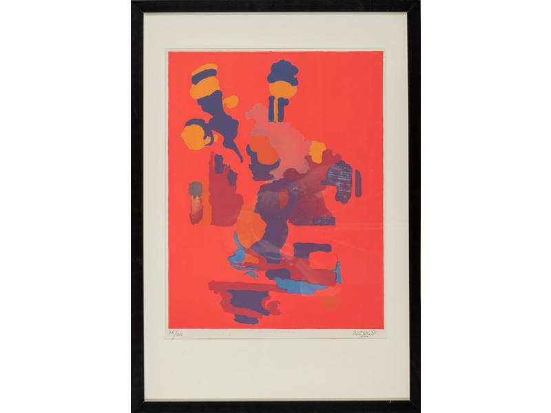 Roland BIERGE (1922-1991) : Bouquet sur fond rouge.  Lithographie signée en bas à droite dans la marge et numérotée 76/100.  Dim.: 51x40 cm.