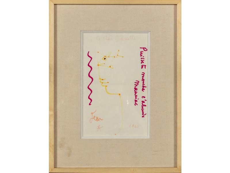 Jean COCTEAU (1889-1963) : Puisses tu moucher l'absente Mauriac.  Dessin au feutre, signé et daté 1960.  Dédicacé à la chère Yanette avec enveloppe affranchie à l'adresse de la dédicace.  Dim.: 20.5x13 cm.
