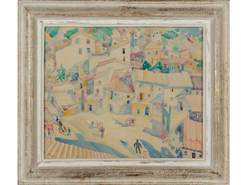 Boris SMIRNOFF (1895-1976) : La place du village.  Aquarelle signée en bas à droite.  Dim.: 46x55 cm.