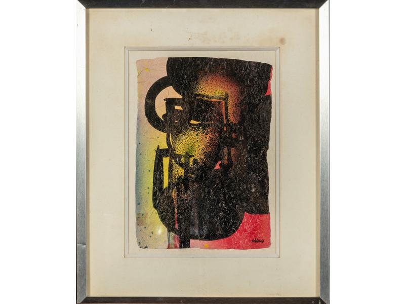 Ladislas KIJNO (1921-2012) : Composition.  Gouache et acrylique sur papier froissé signé en bas à droite et datée 1972.  Dim. : 27x19 cm.  Provenance : Galerie Soleil, rue Miromesnil, Paris 8e.