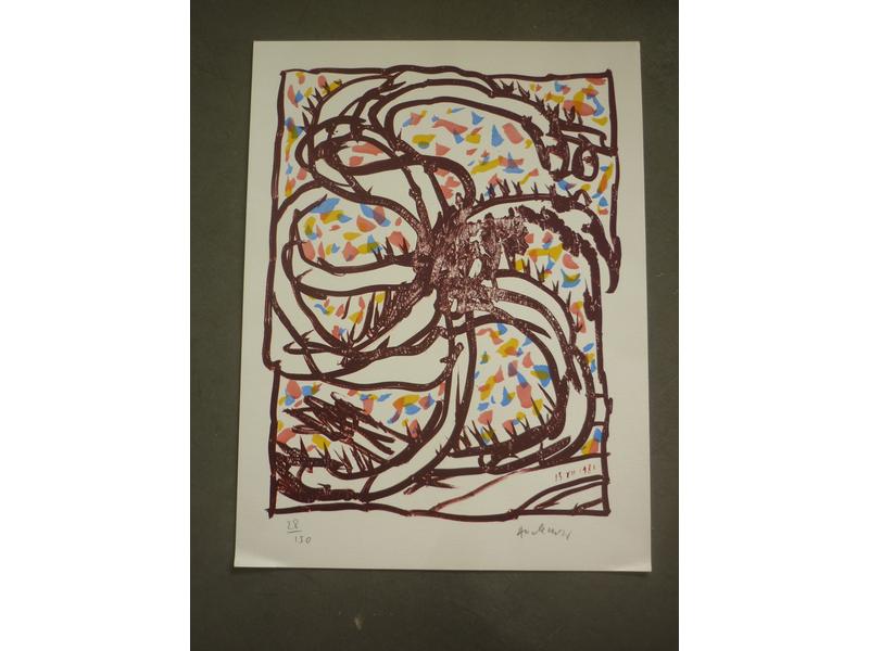 Pierre ALECHINSKY (1927) : Jantes et Jambes.  Lithographie originale signée, numérotée 28/150 et datée 1981.  Dim.: 38.5x29 cm.