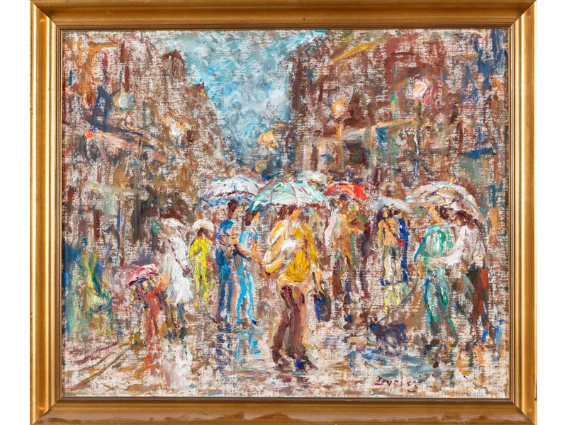 Julien DURIEZ (1900-1993) : Les joyeux parapluies.  Huile sur toile signée en bas à droite, contresignée, titrée au dos.  Dim.: 50x61 cm.  Expossition à Chalon 15/12/85.