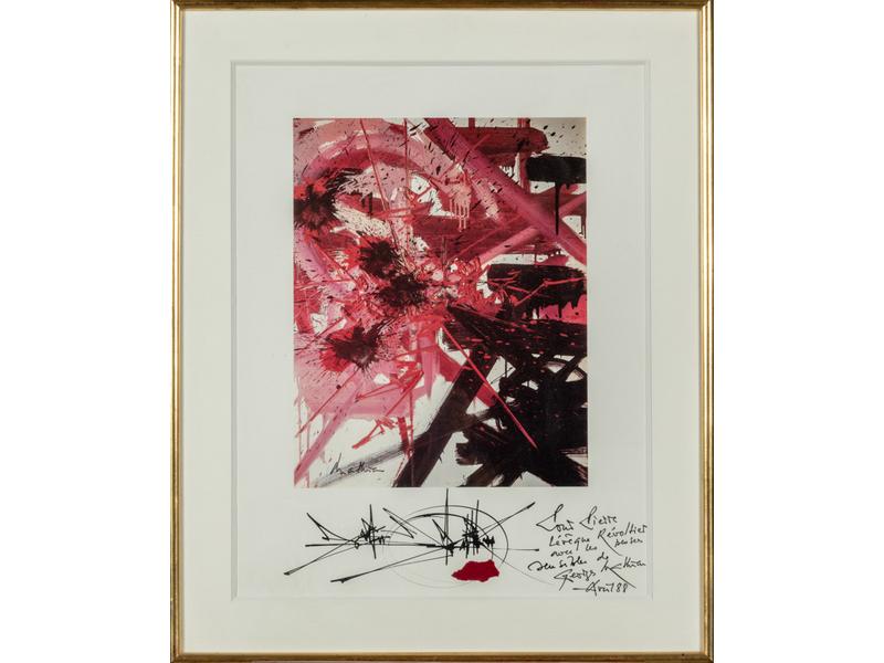 Georges MATHIEU (d'après) : Composition.  Tirage offset, dédicacée, signée et datée 1988 par Georges Mathieu.  Dim.: 57x44 cm.