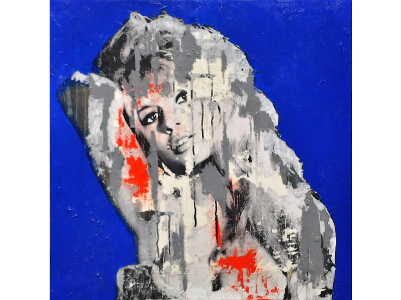 Ecole Contemporaine : B.B Blue.  Acrylique et technique mixte sur toile.  Dim.: 70x70 cm.