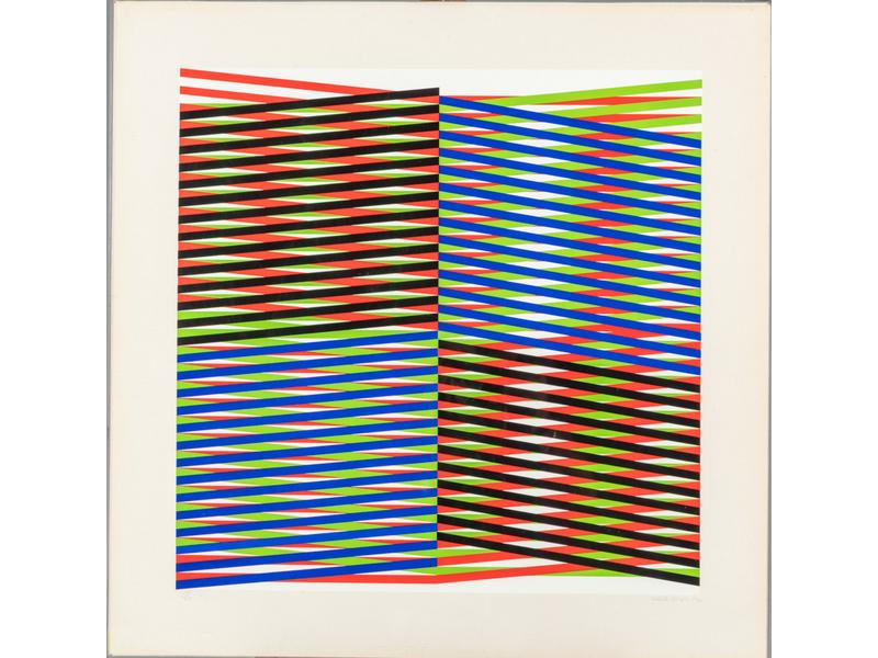 Carlos CRUZ-DIEZ (1923) : Composition cinétique.  Estampe numérotée 135/200 signée en bas à droite dans la marge.  Editée par Denise René.  Dim. : 60x60 cm.