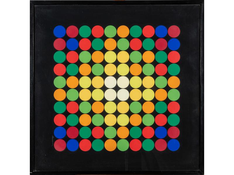 Hugo DEMARCO (1932-1995) : Composition aux cercles.  Estampe signée en bas à droite et numérotée 38/175.  Dim.: 80x80 cm.
