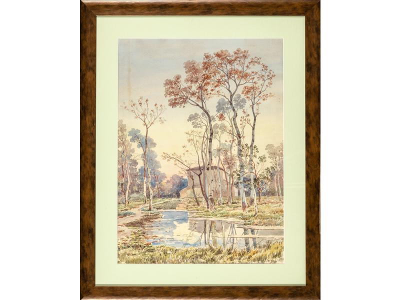 Jean-Baptiste BRUNEL (c.1850-1929) : Les bouleaux et le mas.  Aquarelle signée en bas à droite et datée 1897.  Dim.: 57x41 cm.