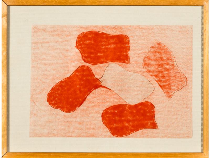 Claude VIALLAT (1936) : Empreintes sur fond rouge.  Monotype sur page de carnet.  Non signé.  Dim.: 25x18 cm.