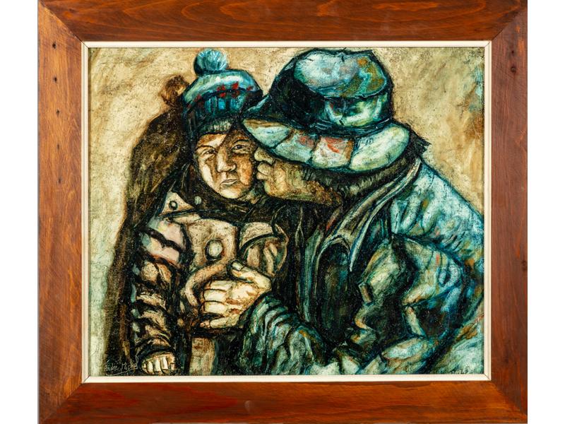 André MICHEL (1945) : Le couple. Huile sur toile signée en bas à gauche.  Dim.: 51x61 cm.