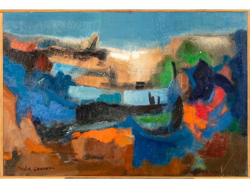 Michel GAUDET (1924) : Composition.  Huile sur panneau signée en bas à gauche et titrée au dos.  Dim.: 53x80 cm.