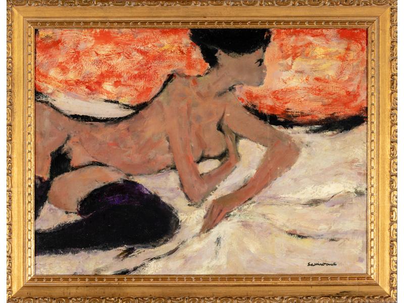 Daniel SCHINTONE (1927) : Femme nue allongée.  Toile signée en bas à droite.  Dim.: 54x73 cm.