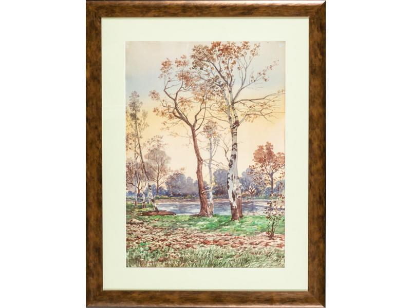 Jean-Baptiste BRUNEL (c.1850-1929) : Les bouleaux au bord du Rhône.  Aquarelle signée en bas à droite et datée (18)95.  Dim.: 54x38 cm.