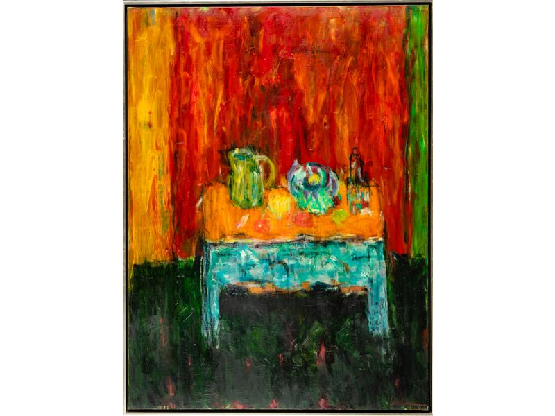Kaï LINDEMANN (1931-2007) - Grande nature morte - Huile sur toile signée en bas à droite, contresignée au dos. Dim. : 130x97 cm
