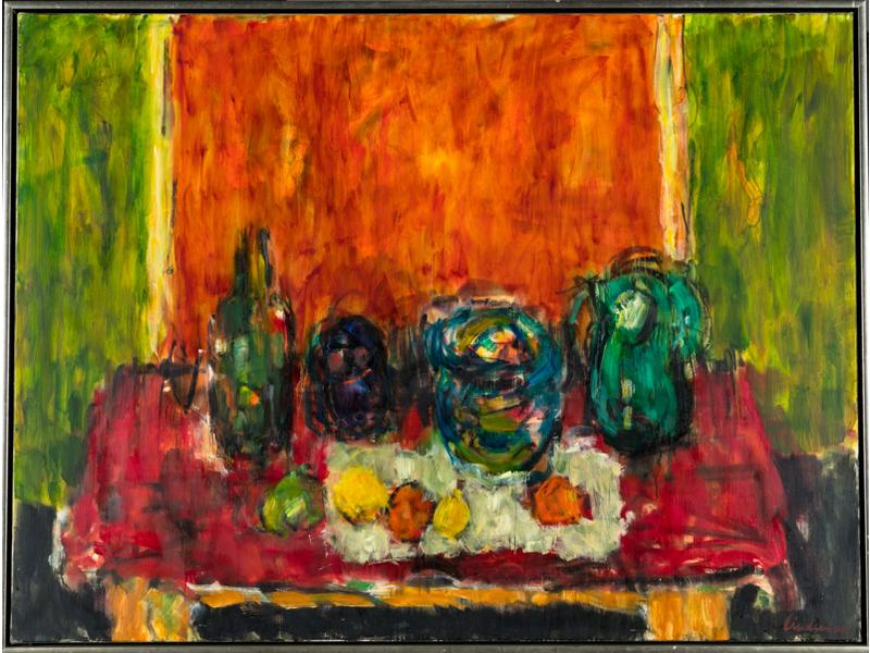 Kaï LINDEMANN (1931-2007): Grande nature morte au fond orange.  Huile sur toile signée en bas à droite. Dim. : 97x130 cm.