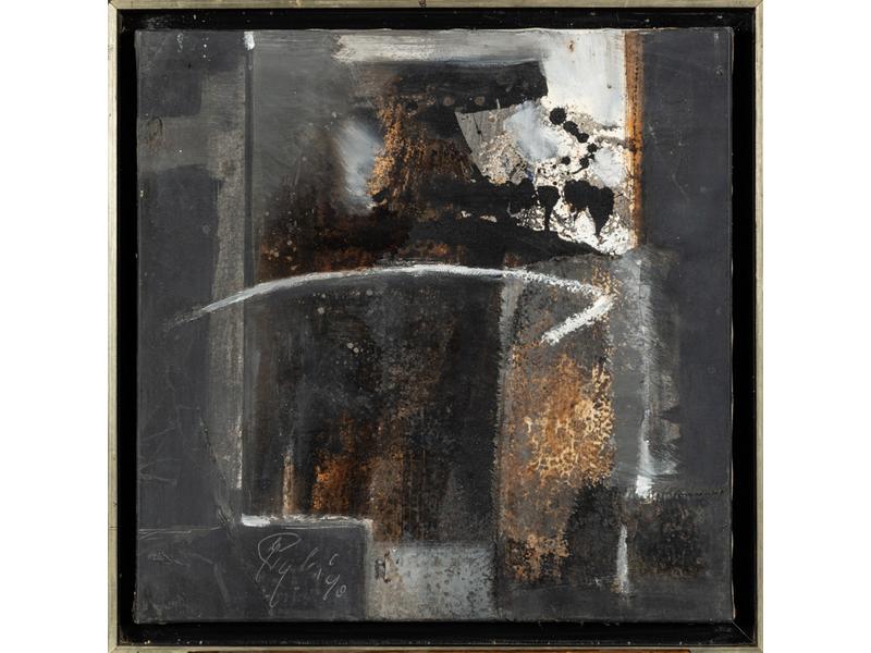 José PERGOLESI (XXe siècle) : Le nouveau rivage sur le territoire.  Technique mixte et collage, signé en bas à gauche et daté 90.  Dim.: 50x50 cm.