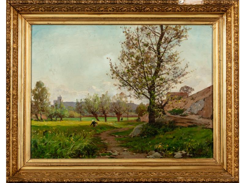 Jean-Baptiste BRUNEL (c.1850-1929) : Paysage sur la Barthelasse, Avignon.  Huile sur toile signée en bas à droite et datée 1886.  Dim.: 46x61 cm.