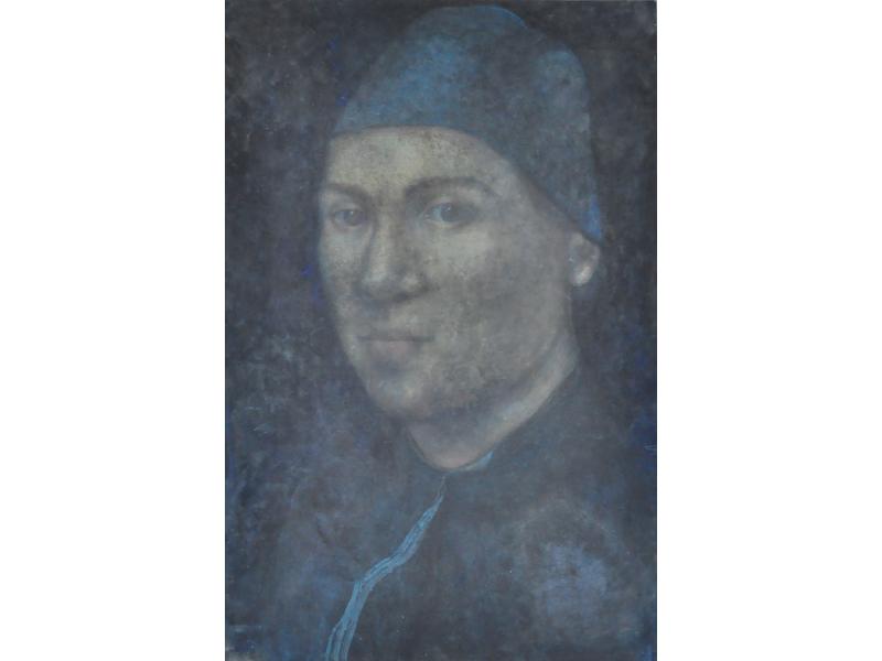 Martine BLIGNY (XXe siècle) : Personnage du Quattrocento.  Toile signée au dos et datée 2005.  Dim. : 195x130 cm.