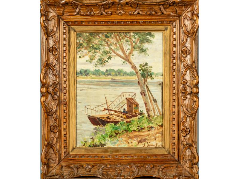Jean-Baptiste BRUNEL  (c.1850-1929) : Pêcheurs sur les bords du Rhône. Huile sur panneau signée en bas à droite, datée 1910. Dim: 35x26.5 cm