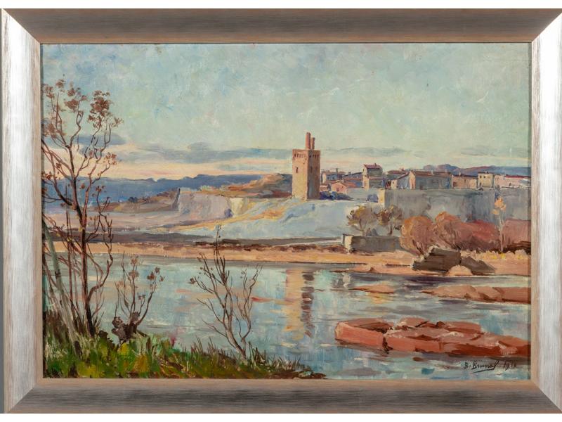 Jean-Baptiste BRUNEL (c.1850-1929) : Vue sur Villeneuve les Avignon.  Huile sur toile signée en bas à droite et datée 1910.  Dim.: 38x55 cm.