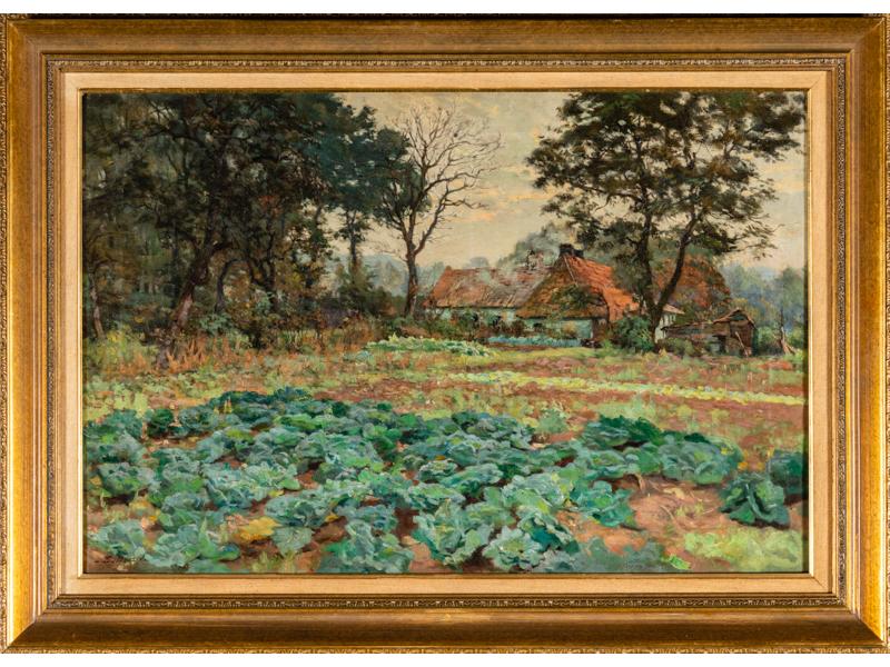 Emile BOUZIN (1870-?) : La ferme.  Huile sur toile signée en bas à gauche.  Dim.: 49x73 cm. (quelques craquelures)