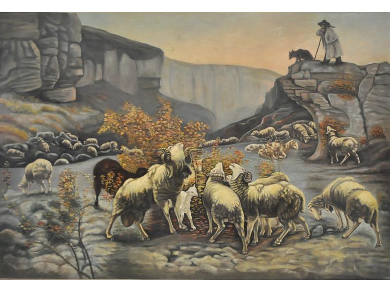 D'aprés Paul VAYSON : Les moutons dans la combe de Bezaure. Huile sur toile. Dim : 89x130 cm (repeints et restaurations)