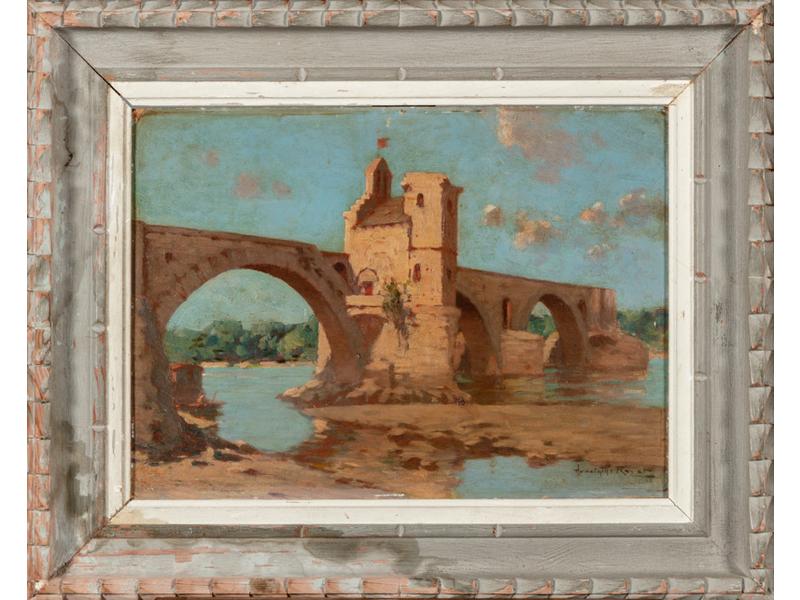 Hyacinthe ROYET (XIXe-XXe siècle) : Le Pont St Bénézet. Huile sur carton signée en bas à droite. Dim: 33x46 cm